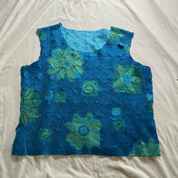 Y2K 2000s Blue Floral Crinkle Tank Top Plus Sz 2X Fairycore Tropical - Picture 6 of 8